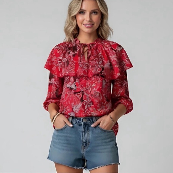 By Design Tops - Paisley & Floral Print  Lace Up Front Ruffle Trim Blouse